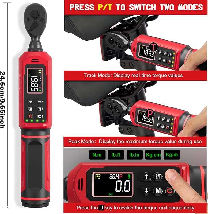 3/8" Digital Torque Wrench (0.66-44.29Ft.Lb/0.9-60N.m) | ±1% Accuracy with Vibration/Buzzer/LED Alerts, 9 Presets & 5 Units, for Moto Engine/Brake, Car Spark Plug & Oil Drain Repair