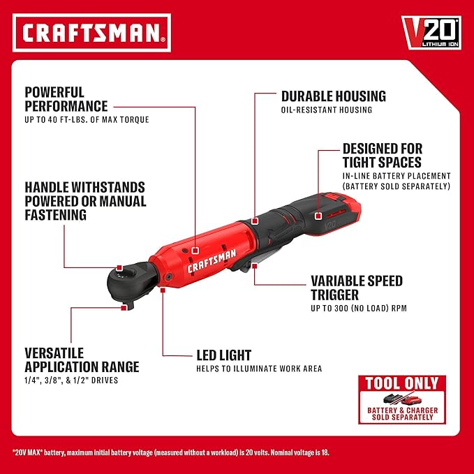 CRAFTSMAN V20 Cordless Ratchet Wrench, Multi-Size 3/8 Ratchet, 1/4 and 1/2 Interchangeable Anvils, LED Light, 40 ft-lbs Torque, 300 RPM, Battery Not Included (CMCF935B)