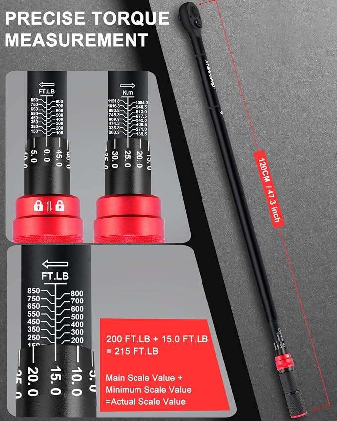 3/4 Torque Wrench 100-850 Ft-Lb -±3% Accuracy, 47.3" Long Handle, 48-Tooth Reversible Ratchet, Cr-V Steel, Dual Scale,3/4" Drive Click Heavy Duty Torque Wrench for Industrial, Truck, Turbine