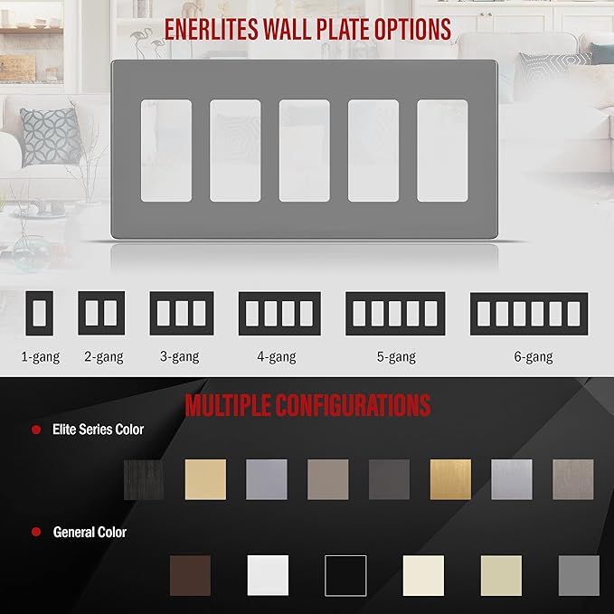 ENERLITES Screwless Decorator Switch Cover, Five Gang Outlet Wall Plate, Standard Size 5-Gang 4.68" x 10.14", Unbreakable Polycarbonate Thermoplastic, UL Listed, SI8835-GY, Gray