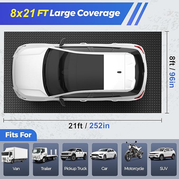 8x21 FT Garage Floor Mat, 2.8mm Thickened Garage Flooring Heavy Duty Rubber Garage Floor Mats for Under Car, Diamond Plate Garage Mat for Garage, Workshop, Enclosed Trailer