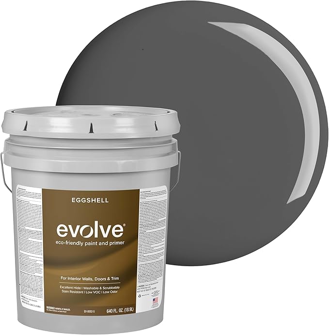 EVOLVE Interior Paint & Primer, Eggshell (Slate Gray), 5 Gallon – One-Coat Coverage, Excellent Hide, Low VOC, Low Odor, Washable Paint for Walls, Doors & Trim