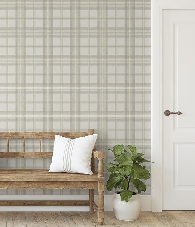 NextWall Harry & Grace Herringbone Plaid Premium Matte Non-Woven Peel and Stick Wallpaper (Frosted Calcutta)