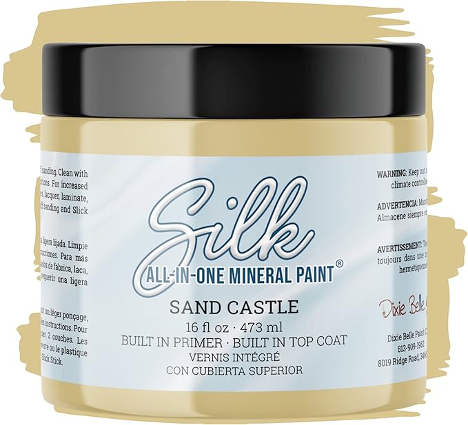 Dixie Belle Silk All-in-One Mineral Paint - Sand Castle (16oz) - Warm Tan Water Based Built-In Primer + Topcoat for Wood + Metal - Durable Furniture Paint - Low Reflective Finish