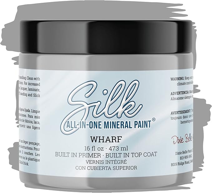 Dixie Belle Silk All-in-One Mineral Paint - Wharf (16oz) - Neutral Gray Water Based Built-In Primer + Topcoat for Wood + Metal - Durable Furniture Paint - Low Reflective Finish