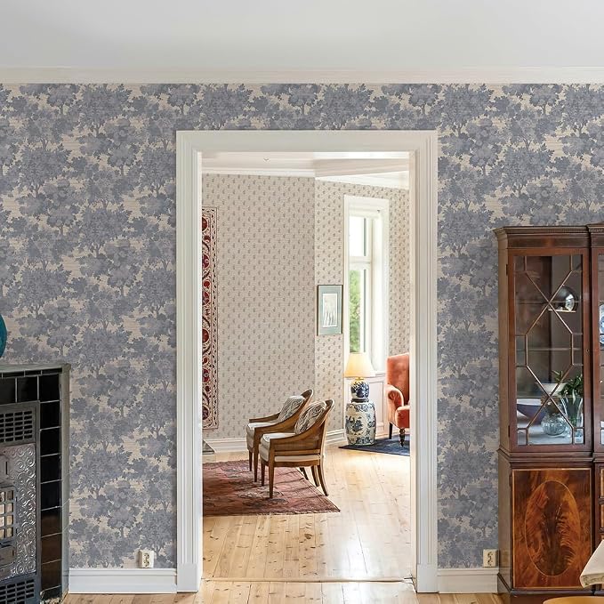 Tempaper Textured Blue Canopy Toile Faux Grasscloth Removable Peel and Stick Wallpaper, 20.5 in X 16.5 ft, Made in The USA