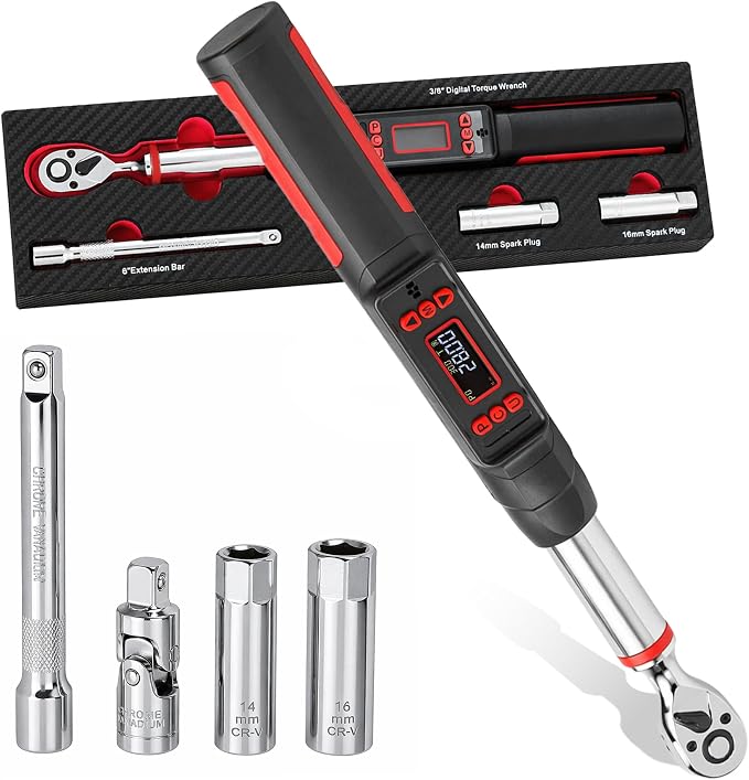 3/8" Digital Torque Wrench Set, ±2% Accuracy, 7.4–154.9 ft-lb (10–210Nm), 14/16mm Spark Plug Sockets, 6" Extension Bar, 3/8 Universal Joint for Auto & Motorcycle Repair