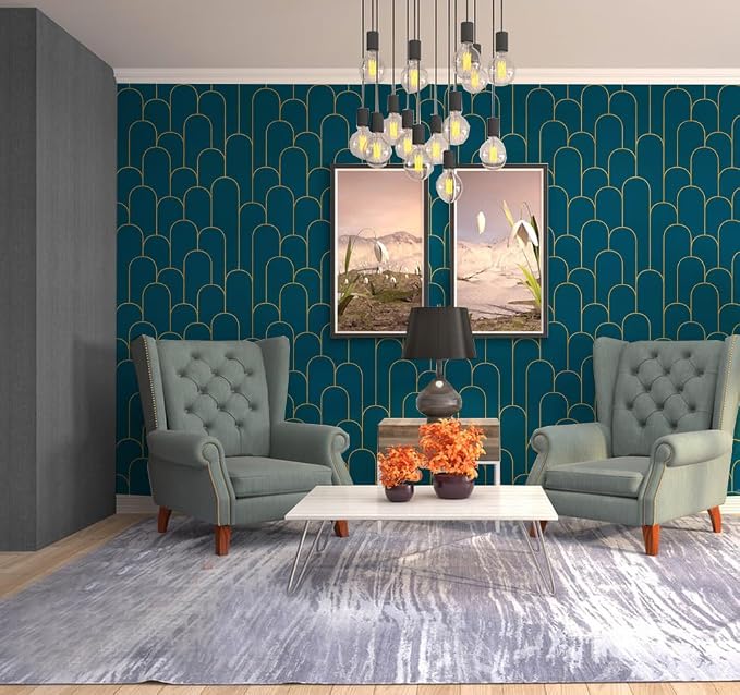 Yasinet Peel and Stick Wallpaper Blue and Gold Wallpaper Blue Geometric Contact Paper Removable Self-Adhesive Stripe Waterproof Wall Paper Decorative for Wall Bedroom Vinyl Film 17.3”x118”