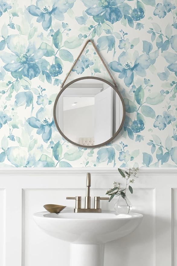 NextWall Watercolor Flower Peel and Stick Wallpaper (Seaglass)