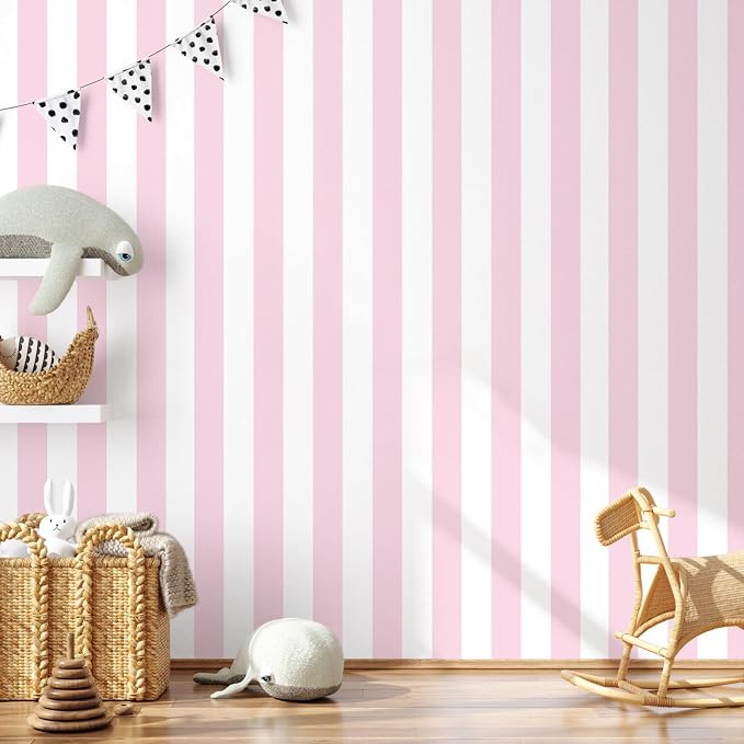Cohoo Home Pink Striped Peel and Stick Wallpaper Pink and White Stripe 17.7”×118” Contact Paper for Cabinets Modern Stripes Self-Adhesive Removable Wall Paper Cute Girls Bedroom Nursery Decor Vinyl