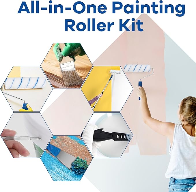 28 PCS Paint Roller Kit with Extension Pole, 4" 9" Paint Roller with Tray, Paint Brushes Set for Professional Painting, House Wall Ceiling Painting Supplies for All Latex and Oil Paints & Stains
