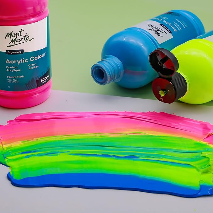 Mont Marte Signature Fluoro Blue Acrylic Paint, 16.9oz (500ml), Semi-Matte Finish, 12 Colors, Suitable for Canvas, Wood, Fabric, Leather, Cardboard, Paper, MDF and Crafts