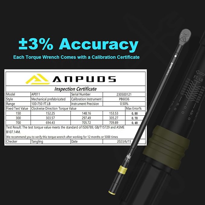 3/4" Click Torque Wrench, 100-750 Ft-Lb/135.5-1017 Nm, Heavy Duty | ±3% Accuracy, 48-Tooth Quick Release, Cr-V Steel, Dual-Direction, for Semi Truck, Tractor, Diesel Engine, Farm & Industrial