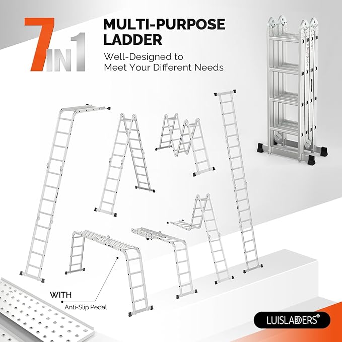 15.5 FT Folding Ladder, LUISLADDERS Multi-Purpose Ladder, Aluminium Extension Ladders 7 in 1 Heavy Duty Combination EN 131 Standard