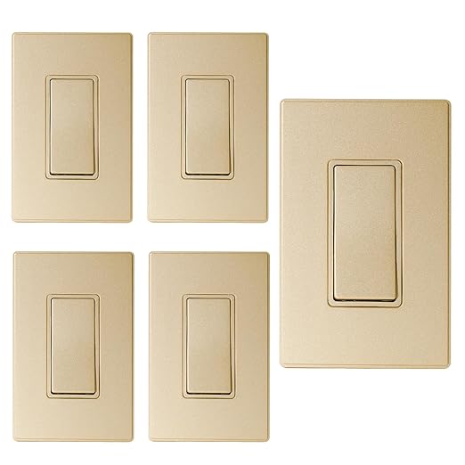 ELEGRP Matte Champagne Gold 3 Way Decorator Light Switch, 15A 120-277V, Paddle Rocker Switch Replacement, On/Off Wall Switch, Self-Grounding, Residential Grade, with Mid Wall Plate, UL/CUL, 5 Pack