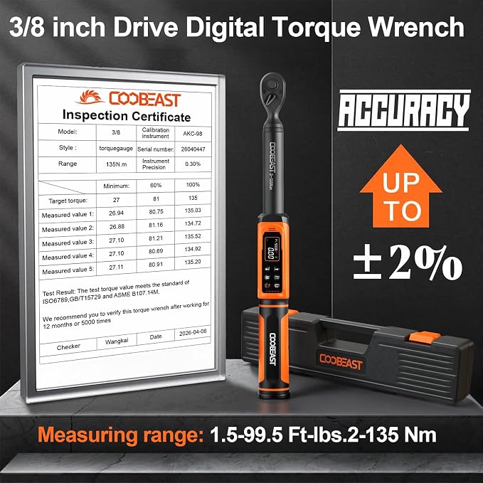 Digital Torque Wrench 3/8 Drive,Preset Value(1.5-99.5Ft-lbs./2-135 Nm) | Buzzer and LED Alert,±2% High Accuracy,72-Tooth, Quick Release,Reversible,Large Screen,for Bike Motorcycle,Gift for Men,DIY