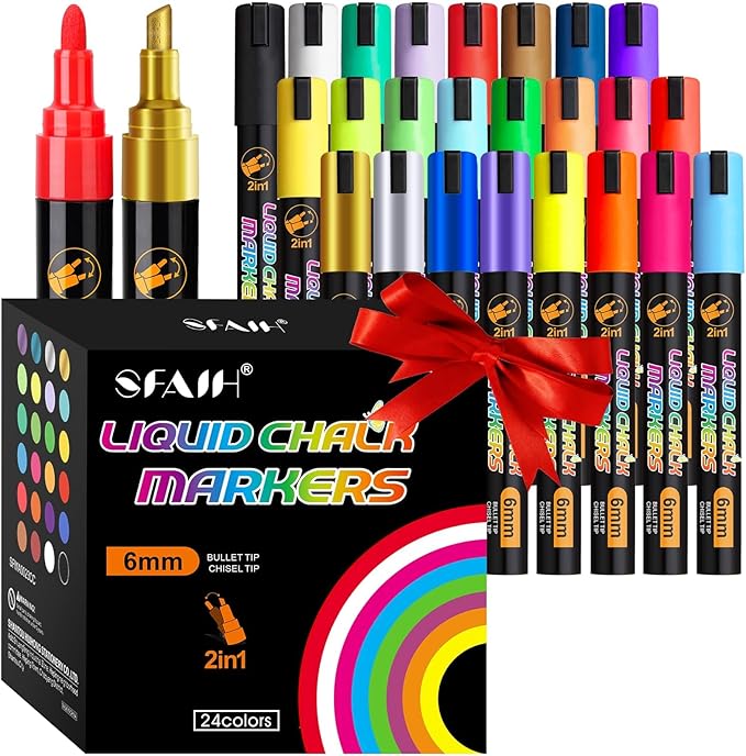 SFAIH Liquid Chalk Markers for Blackboard - Vibrant 24 Colors 6mm Reversible Tip, Wet Erase Marker for Chalkboard, Menu, Bistro, Signs, Windows, Glass, Labels, [1s Wet Wipe] - No Residue