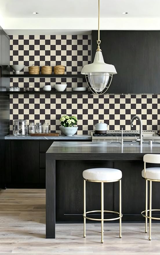 Yasinet Checkered Wallpaper Black and White Cream Peel and Stick Wallpaper Plaid Retro Contact Paper Bedroom Removable Self Adhesive Wall Paper Waterproof Bathroom Vinyl 17.3" × 78.7“