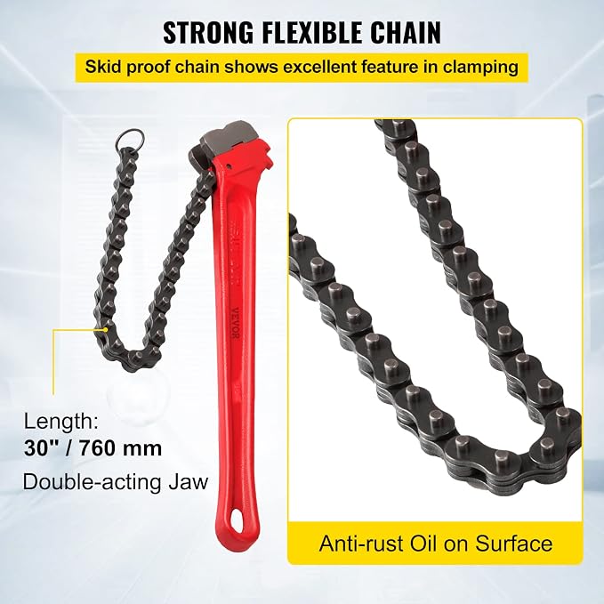 Mophorn Heavy Duty Oil Filter Chain Wrench, 36 inch, Double-Jaw & Anti-Skip Teeth, Ergonomic Handle, Rustproof Chain 30 inch