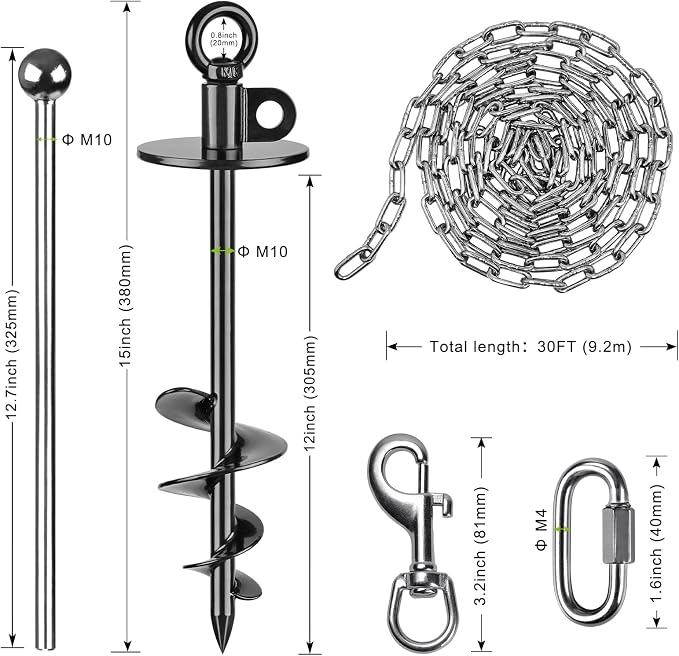 Dog Tie Out Chains and Stake, 30ft Chew Proof Stainless Steel Dog Chains for Outside, 15" Heavy Duty Dog Anchor for Dogs Up to 125lbs, Fully Welded, No Tangle, Ideal for Yard and Camping