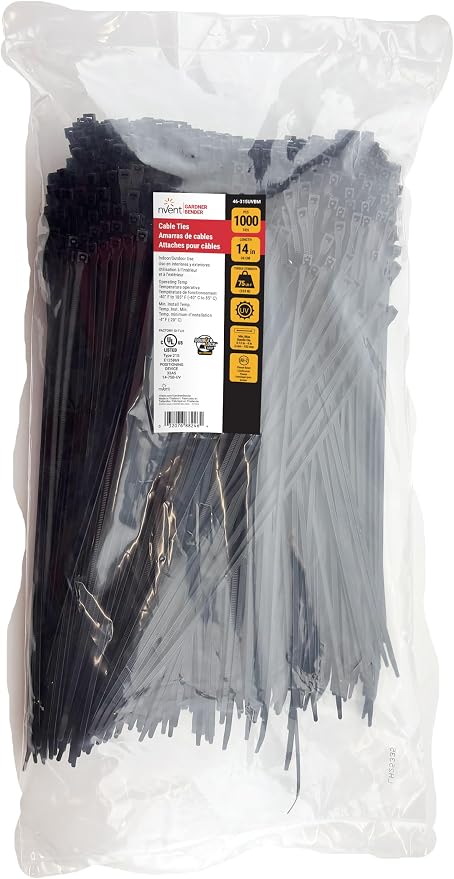 Gardner Bender 46-315UVBM DoubleLock Cable Tie, 14 Inch., 75 lbs. Tensile Strength, Wire / Cord Management Industrial and Household Use, Nylon Zip Tie, 1000 Pk., UV Resistant Black