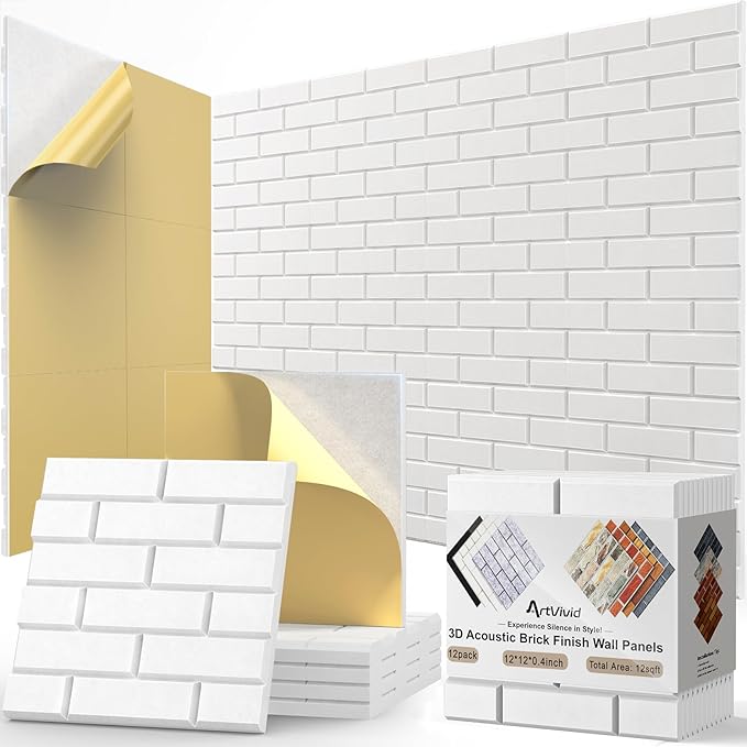12Pack Acoustic Wall Panels, 12"×12"×0.4" Self-Adhesive 3D Brick Pattern Sound Proof Panels for Walls, High Density Decorative Acoustic Foam Sound Proofing for Recording Studio, Office, White