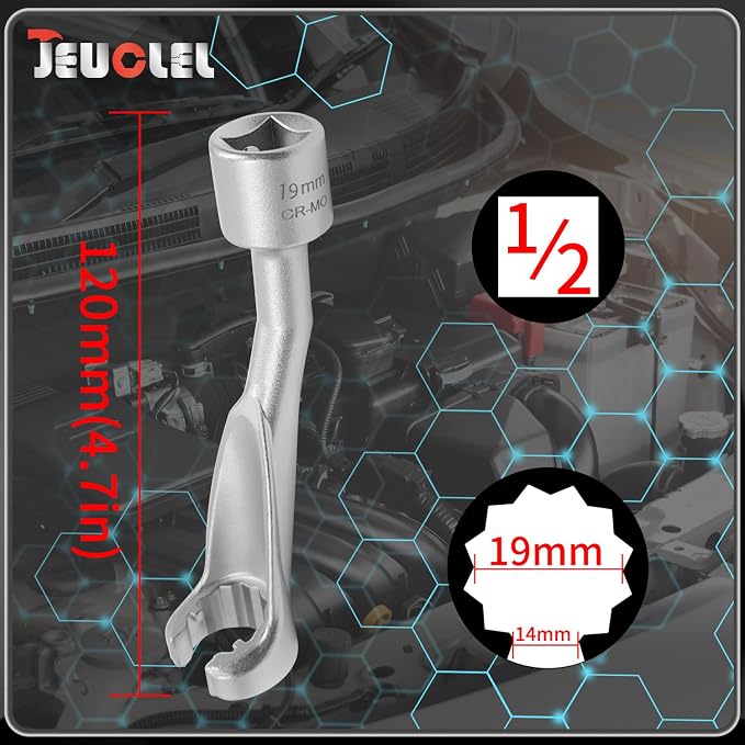 19mm 12 Point 1/2" Dr. Common Rail Injection Fuel Line Nut Socket | Open Socket Wrench, Diesel Engine Temperature Removal Tool, Exhaust Gas Temp Sensor Extractor