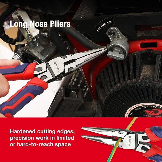 WORKPRO Pliers Set, 5-Piece Premium Cr-V Pliers Kit with Storage Pouch | 6 Inch Slip Joint, Long Nose, Diagonal Cutter, 8 Inch Groove Joint, 7 Inch Linesman, Ergonomic Grip, for Basic Repair