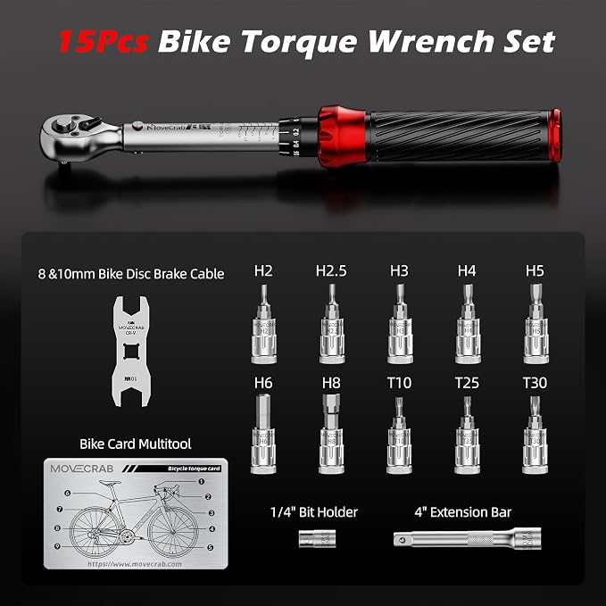 15pcs 1/4" Bike Click Torque Wrench Set, 3-25 N.m/2.21-18.43 Ft.lb | ±3% Bicycle Torque Wrench Kit with Hex & Torx Bits, 8/10 mm Brake Cable Wrench, for MTB, Road Bike & E-Bike Maintenance