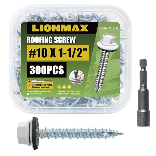 LIONMAX Metal Roofing Screws #10 × 1-1/2 Inch, 300-PCS, White Painted Hex Head Sheet Metal Roof Screws, Rubber Washer, Sharp Point, Metal to Wood Siding Screws, Hex Socket Included