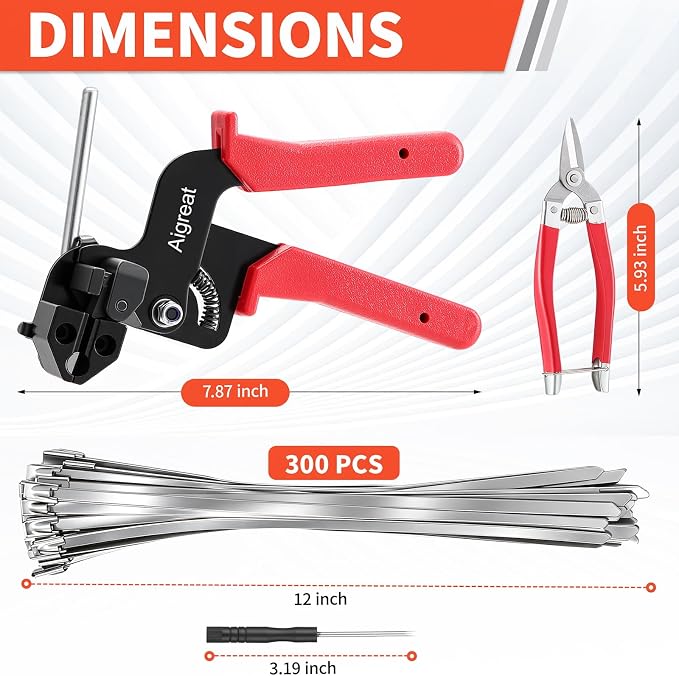 Metal Zip Ties Gun Kit, Stainless Steel Tie Wrap Gun with 300 Metal Cable Ties & Industrial Scissors, Self-Locking Metal Wire Ties for Chainlink Fence Electrical Cable Fastening and Cutting
