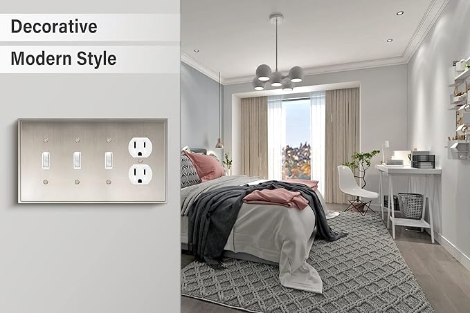Henne Bery Soft Modern Decorative Wall Plate Switch Plate Outlet Cover (Triple Toggle/Single Duplex, Satin Nickel)