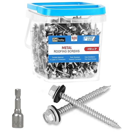 FMhotu Metal Roofing Screws #10×2Inch, 500-PCS, Hex Head Rustpert Coating Sheet Metal to Wood Siding Screw with EPDM Rubber Washer, Sharp Point, Hex Socket Included