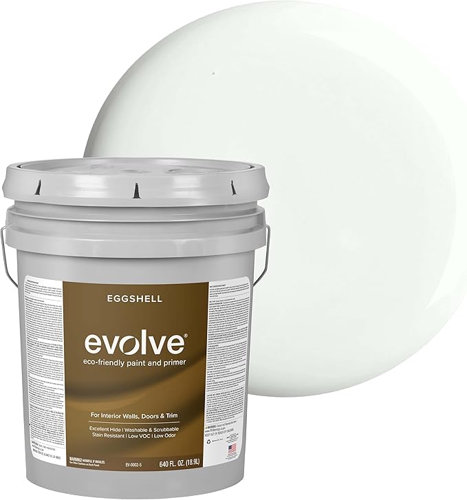 EVOLVE Interior Paint & Primer, Eggshell (Morning Frost), 5 Gallon – One-Coat Coverage, Excellent Hide, Low VOC, Low Odor, Washable Paint for Walls, Doors & Trim