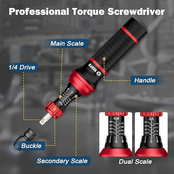 VANPO Torque Screwdriver Set 10-80 In-lb, 99-Piece Torque Driver Kit | with T-Bar & 1/4" Quick-Change Adapter, Precision Adjustable for Scope Mounting, Electronics Repair, Bicycle Maintenance