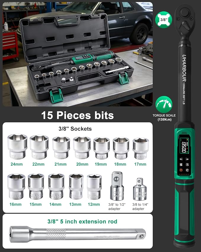 Uharbour 3/8" Digital Torque Wrench 1.5-99.5ft-lbs/6.8-135Nm | ±1% Accuracy Electric Wrench, Dual Direction Ratchet, Vibration & LED Alert
