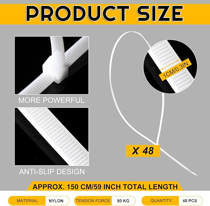 XunYee 48 Pcs 60 Inch Large Zip Ties Heavy Duty Outdoor Extra Large Zip Ties Extra Long Cable Wire Plastic Ties with 176 Pounds Tensile Strength Self Locking UV Resistant (White)