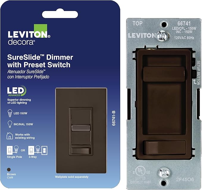 Leviton SureSlide LED Advanced Dimmer Switch for 150W Dimmable LED, Halogen and Incandescent Bulbs and Fixtures, 66741-B, Brown