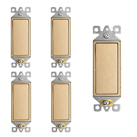 ELEGRP Matte Champagne Gold 3 Way Decorator Light Switch, 15A 120-277V, Paddle Rocker Switch Replacement, On/Off Wall Switch, Self-Grounding, Residential Grade, UL/CUL, 5 Pack