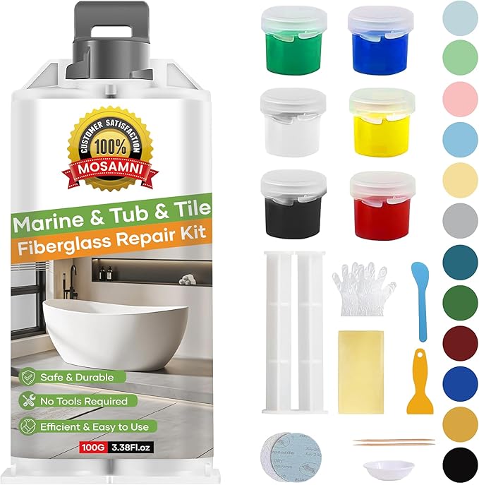 MOSAMNI Bathtub Repair Kit White for Tubs, Fiberglass Showers, Tiles, Sinks & Countertops, Fix Chips, Cracks, Holes, Scratches on Porcelain, Enamel, Acrylic, Granite, Ceramic, Quartz Surfaces