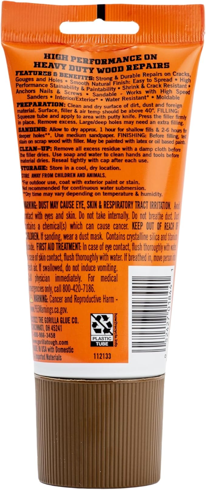 Gorilla All Purpose Wood Filler, Walnut Color, 6 Ounce Tube (Pack of 1) - Water Resistant for Indoor or Outdoor Projects and Repairs