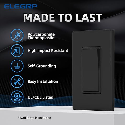 ELEGRP Matte Black 3 Way Decorative Light Switch with Plate, 15Amp, 120-277 Volt, AC Rocker Paddle Wall Switch Replacement, Self-Grounding, Residential Grade, w/Wall Plate, UL Listed (10 Pack)