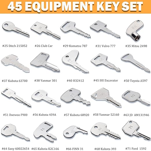45 Construction Equipment Operator Keys, Heavy Equipment Key Master Set for Caterpillar Cat John Deere JCB Volvo Hyster Yanmar Takeuchi Yanmar Kubota Toyota Komatsu Excavator Dumper Dozer