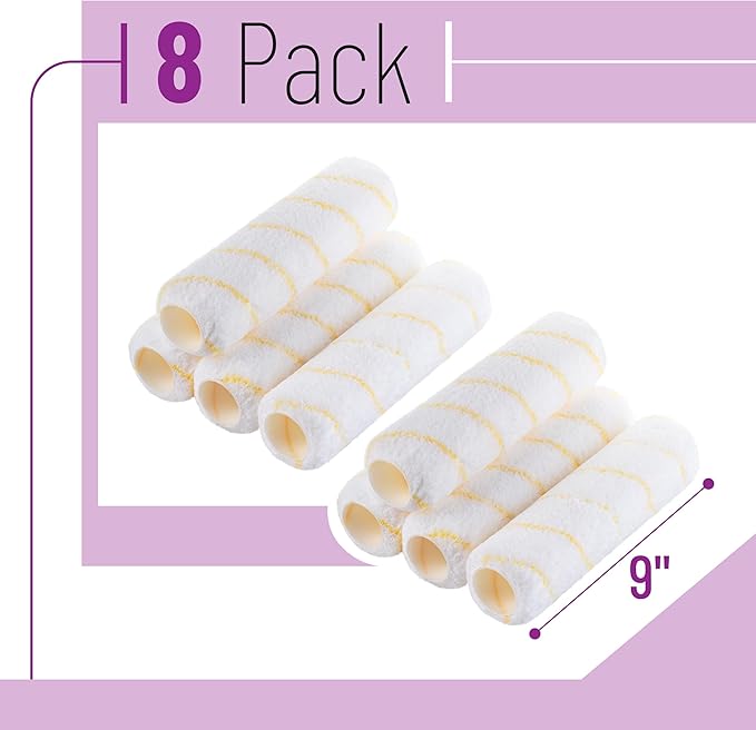 Bates- Paint Roller Covers, 9", Yellow Stripes, 8 Pack, Covers for Paint Rollers 9 Inch, 9 Inch Paint Roller Covers, Paint Roller Cover, Paint Roller Covers 9 Inch, Large Paint Roller Covers