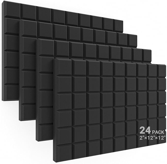 JBER 24 Pack 2" X 12" X 12" Acoustic Foam Panels,Soundproofing Wall Studio Foam Panels Wedges,Sound Insulation Absorbing Acoustic Treatment,9 Blocks Beveled Square Fireproof Design - Black