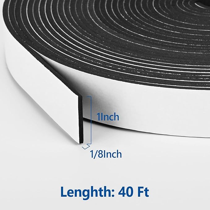 Kikerike Self Adhesive Foam Tape Weatherstrip 1In x 1/8In x 40Ft High Density Foam Insulation Strips Seal Weather Stripping with Strong Adhesive for Door and Window Sound Isolation Soundproofing