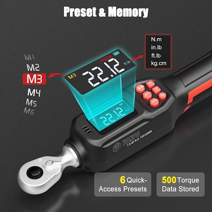 VANPO 1/4 Drive Digital Torque Wrench Set 1.11-22.12 ft.lb, ±2% Accuracy | 1.5-30 N.m Electronic Torque Wrench Set with Bits & Sockets, Buzzer/LED Indicator Alarm, for Carbon Fiber Bike, Motorcycle