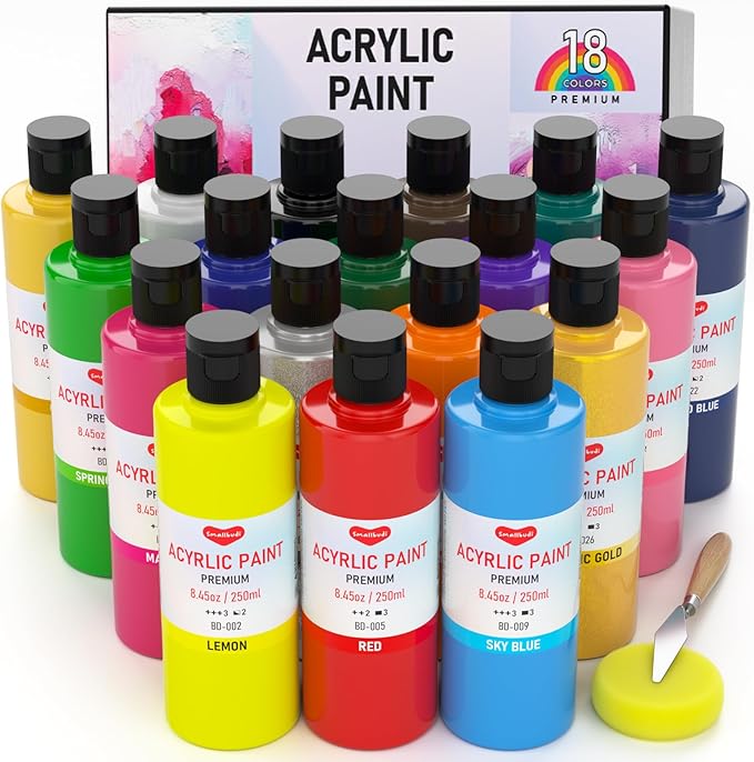 Smallbudi 18 Colors Large Acrylic Paint Set (8.45 oz, 250 ml), Bulk Acrylic Paint Non-Toxic Art Painting Supplies on Multi Surface Canvas Wood Craft Fabric Rock for Artist Beginner with Color Wheel
