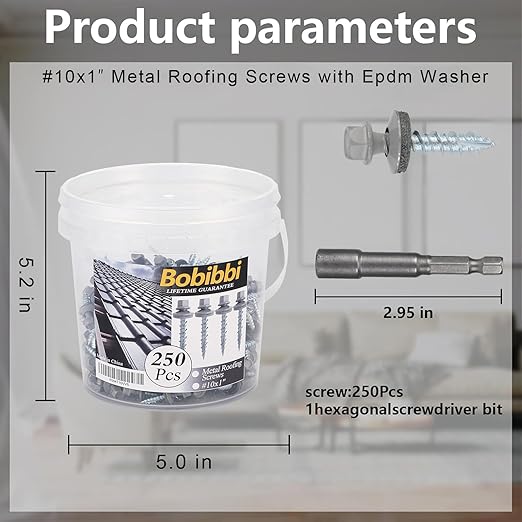 Metal Roofing Screws 10 x 1 inch, Gray Hex Head Sheet Metal Roof Screw with EPDM Washer for Corrugated Roofing (250Pcs)