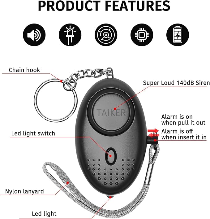Personal Alarm for Women 140DB Emergency Self-Defense Security Alarm Keychain with LED Light for Women Kids and Elders-2 Pack (Black & White)